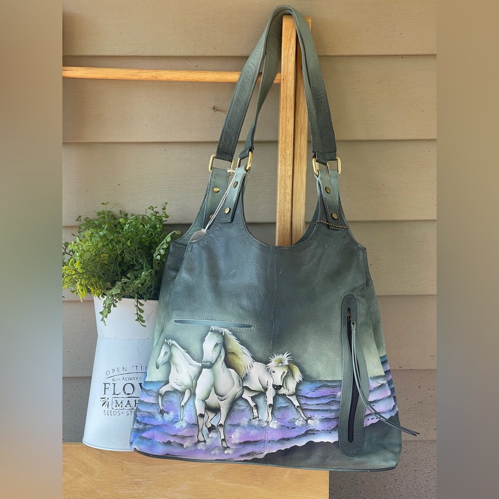 Hand-Painted Horse Design Gray Leather Tote